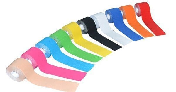 blog picture of various colored rolls of kinesiotape all lined up with strips partially pulled out