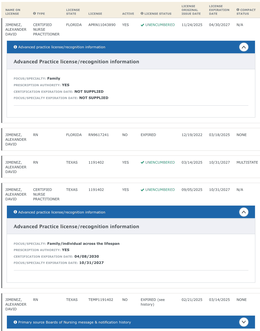 Información actualizada sobre la licencia de APRN del Dr. Alex Jiménez